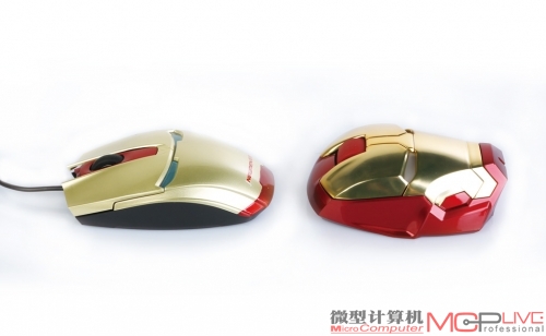 宜博钢铁侠鼠标的侧面同样是依照钢铁侠头盔的造型进行了定制设计，而新贵钢铁侠鼠标则使用了普通鼠标的底壳。